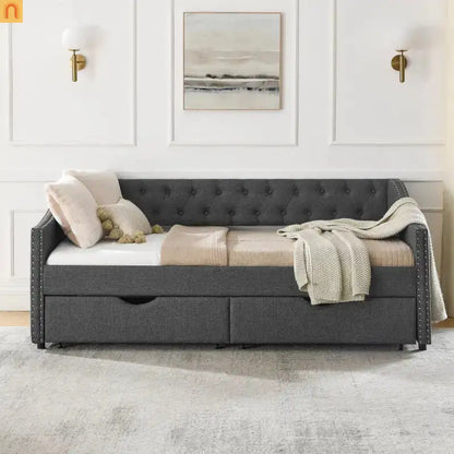 Daybed Twin Linen Dark Gray Button Tufted Drawers 500 lb