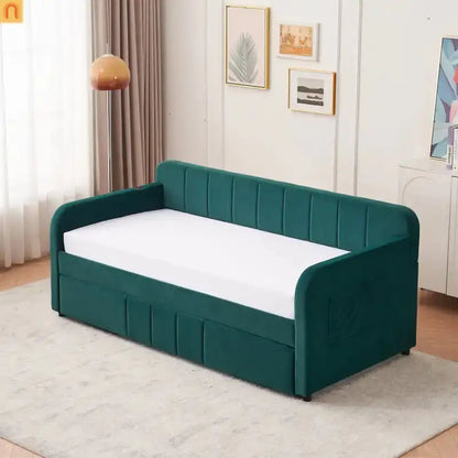 Bed Frame Daybed Twin Velvet Emerald Roll-Out Trundle