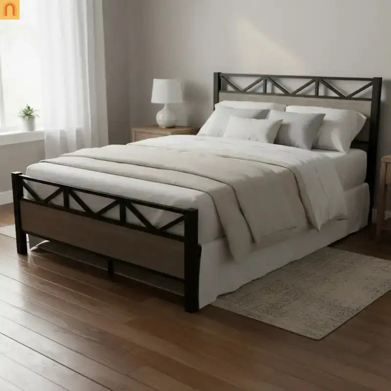 Full Size Industrial Wood Bed Frame Metal Headboard Brown