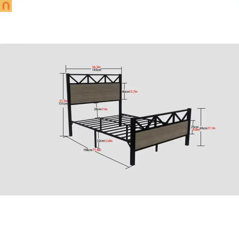 Full Size Industrial Wood Bed Frame Metal Headboard Brown