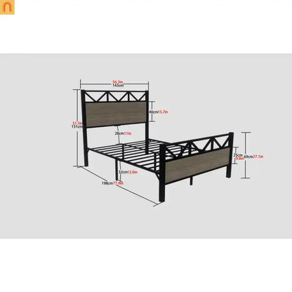 Full Size Industrial Wood Bed Frame Metal Headboard Brown