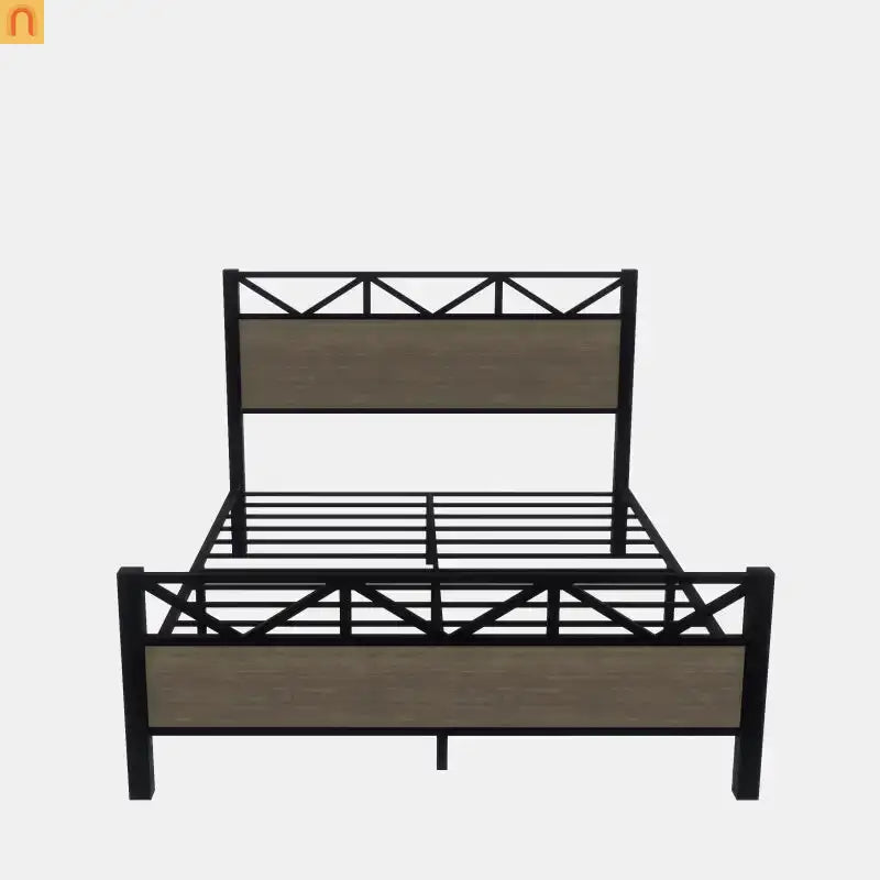 Full Size Industrial Wood Bed Frame Metal Headboard Brown