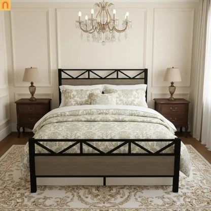 Full Size Industrial Wood Bed Frame Metal Headboard Brown