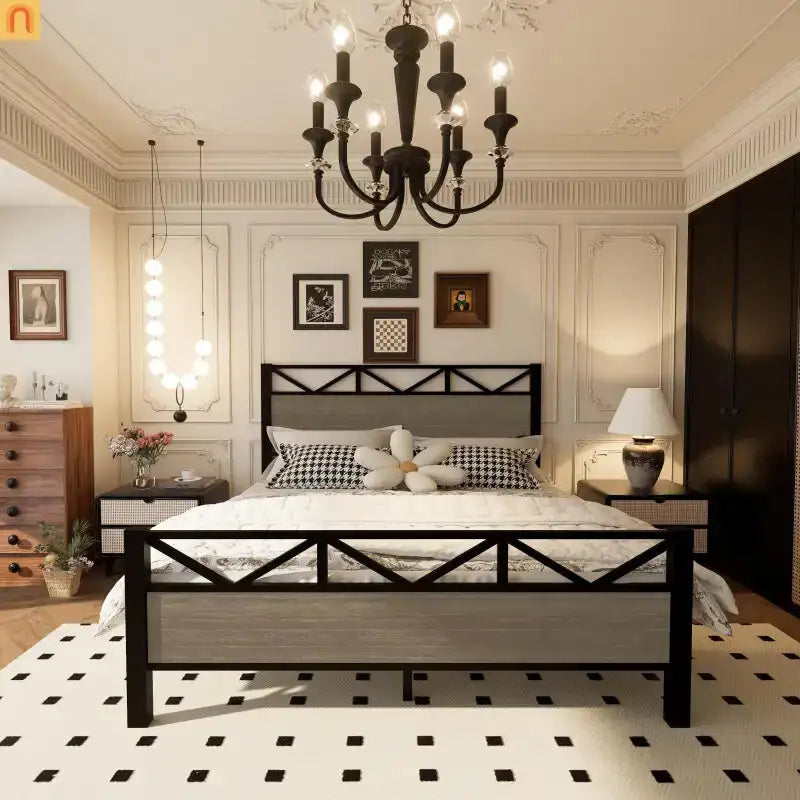 Full Size Industrial Wood Bed Frame Metal Headboard Brown