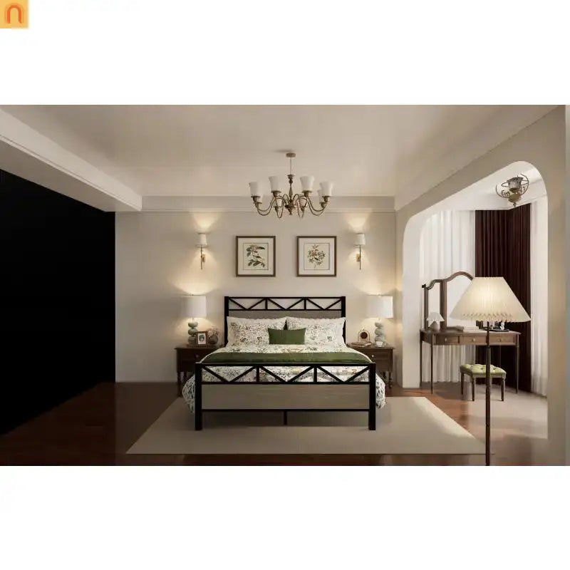 Full Size Industrial Wood Bed Frame Metal Headboard Brown