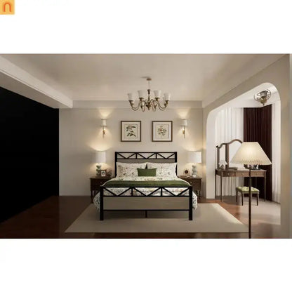Full Size Industrial Wood Bed Frame Metal Headboard Brown