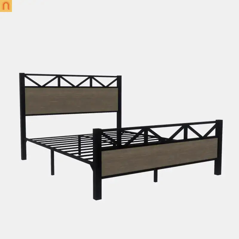 Full Size Industrial Wood Bed Frame Metal Headboard Brown