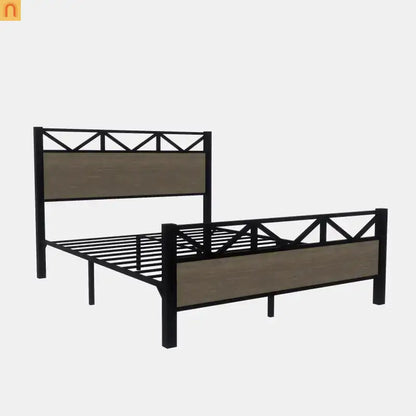 Full Size Industrial Wood Bed Frame Metal Headboard Brown