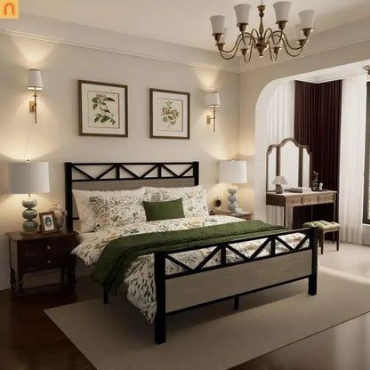 Full Size Industrial Wood Bed Frame Metal Headboard Brown