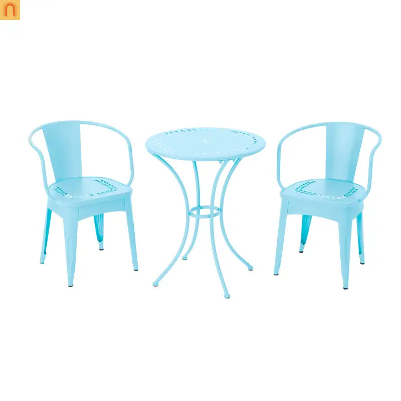 Outdoor Bistro Set Cast Iron Matte Light Blue Floral 3 Piece