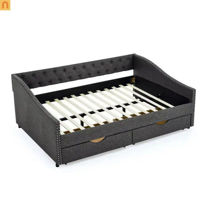 Chaise Lounge Daybed Linen Dark Gray Full Tufted Drawers 500 lb