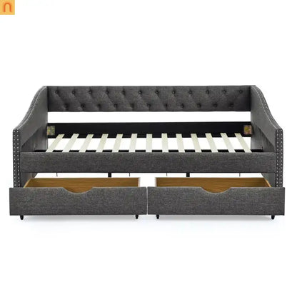 Chaise Lounge Daybed Linen Dark Gray Full Tufted Drawers 500 lb