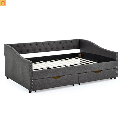 Chaise Lounge Daybed Linen Dark Gray Full Tufted Drawers 500 lb