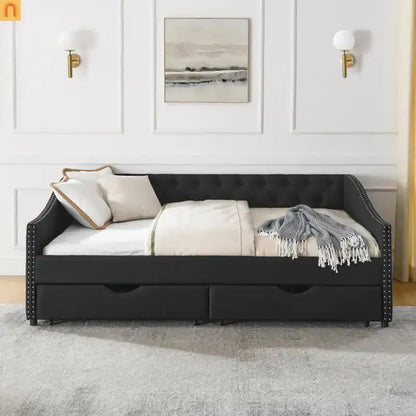Chaise Lounge Daybed Linen Black Full Button Tufted Drawers 500 lb