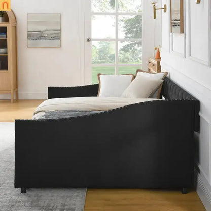 Chaise Lounge Daybed Linen Black Full Button Tufted Drawers 500 lb