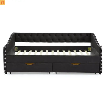 Chaise Lounge Daybed Linen Black Full Button Tufted Drawers 500 lb