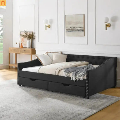 Chaise Lounge Daybed Linen Black Full Button Tufted Drawers 500 lb