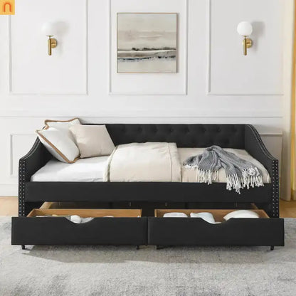 Chaise Lounge Daybed Linen Black Full Button Tufted Drawers 500 lb