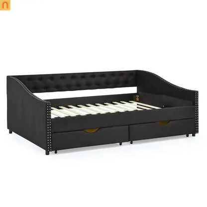 Chaise Lounge Daybed Linen Black Full Button Tufted Drawers 500 lb