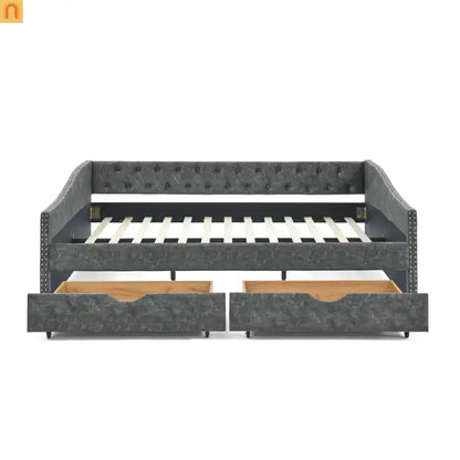 Bed Frame Daybed Linen Gray Queen Tufted Storage Drawers 500 lb