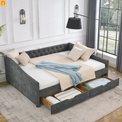 Bed Frame Daybed Linen Gray Queen Tufted Storage Drawers 500 lb