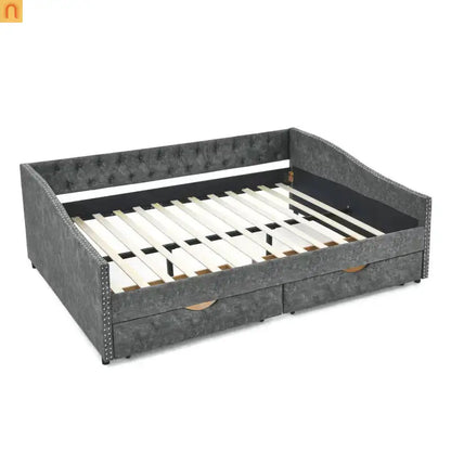 Bed Frame Daybed Linen Gray Queen Tufted Storage Drawers 500 lb