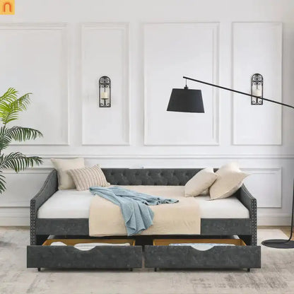 Bed Frame Daybed Linen Gray Queen Tufted Storage Drawers 500 lb