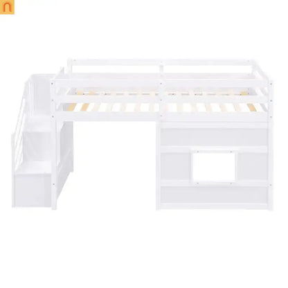 Bed Frame Loft Twin Pine White Storage Staircase LED Window