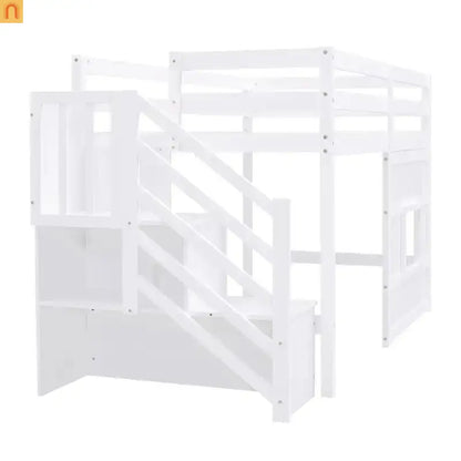 Bed Frame Loft Twin Pine White Storage Staircase LED Window