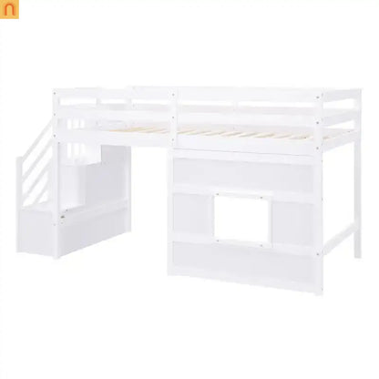 Bed Frame Loft Twin Pine White Storage Staircase LED Window