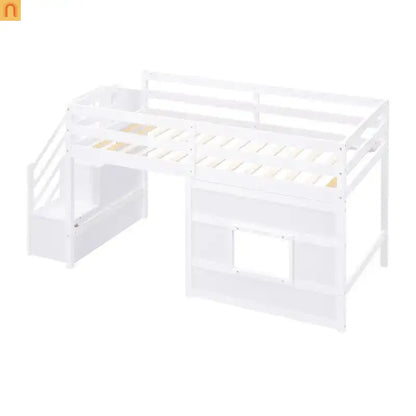 Bed Frame Loft Twin Pine White Storage Staircase LED Window