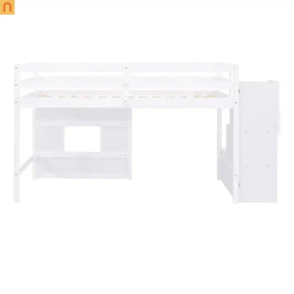 Bed Frame Loft Twin Pine White Storage Staircase LED Window