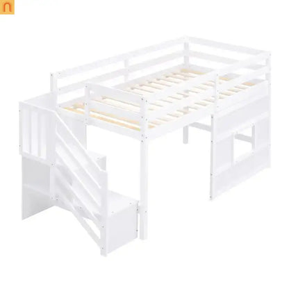 Bed Frame Loft Twin Pine White Storage Staircase LED Window
