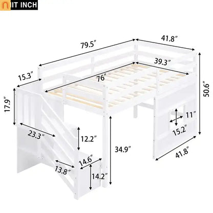 Bed Frame Loft Twin Pine White Storage Staircase LED Window