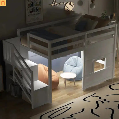 Bed Frame Loft Twin Pine White Storage Staircase LED Window