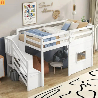 Bed Frame Loft Twin Pine White Storage Staircase LED Window