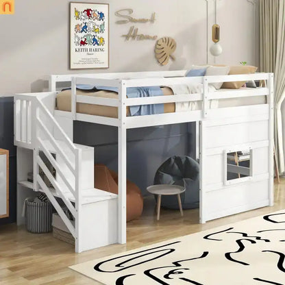 Bed Frame Loft Twin Pine White Storage Staircase LED Window