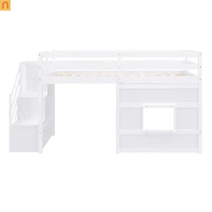Bed Frame Loft Twin Pine White Storage Staircase LED Window