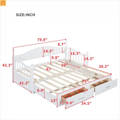 Twin Daybed Wood Frame White Storage Trundle Drawers