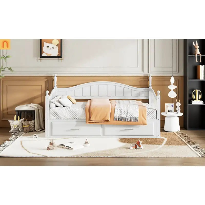 Twin Daybed Wood Frame White Storage Trundle Drawers