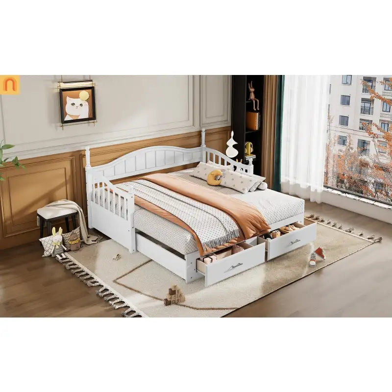 Twin Daybed Wood Frame White Storage Trundle Drawers