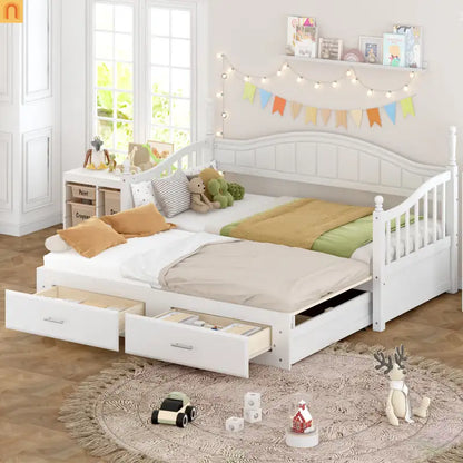 Twin Daybed Wood Frame White Storage Trundle Drawers