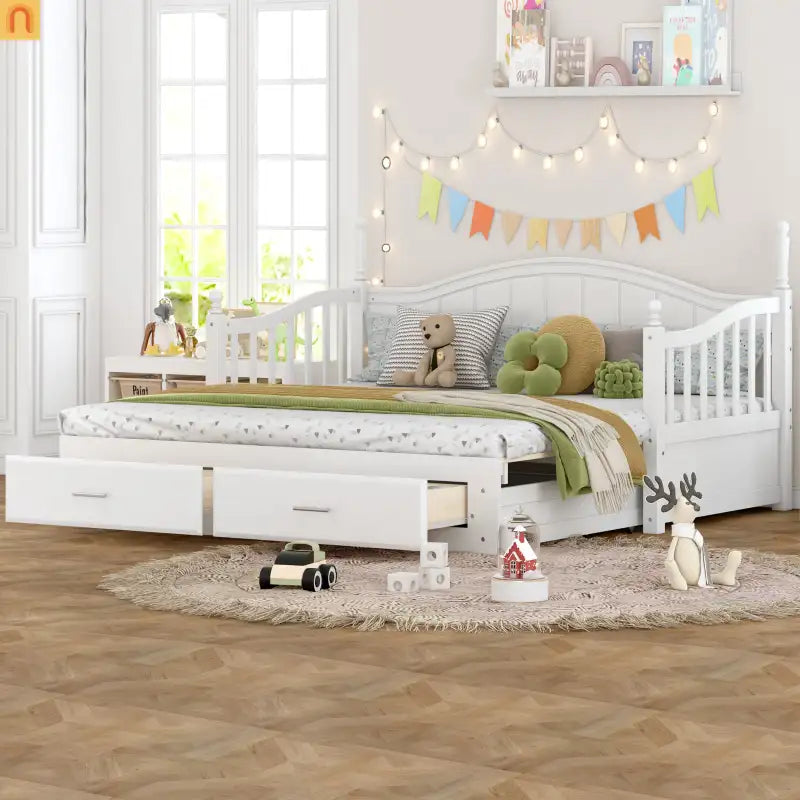 Twin Daybed Wood Frame White Storage Trundle Drawers