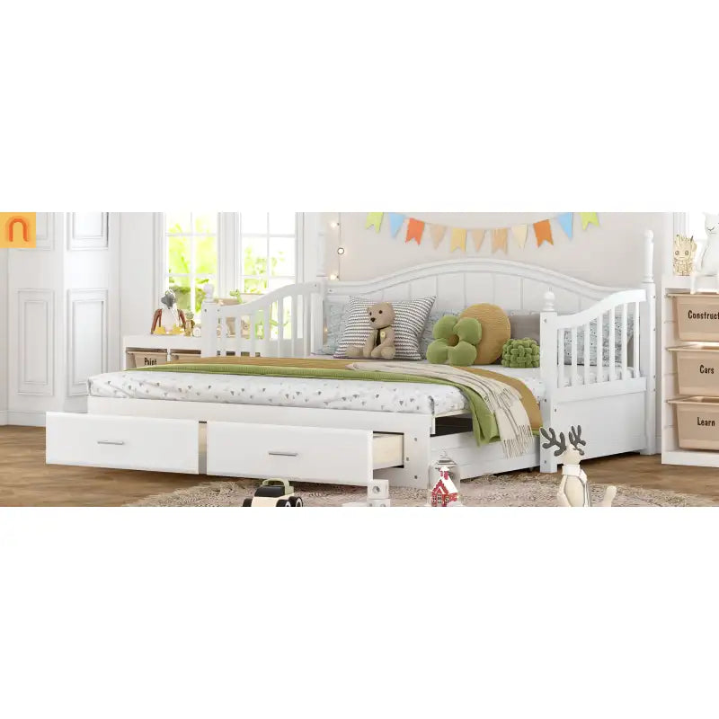 Twin Daybed Wood Frame White Storage Trundle Drawers