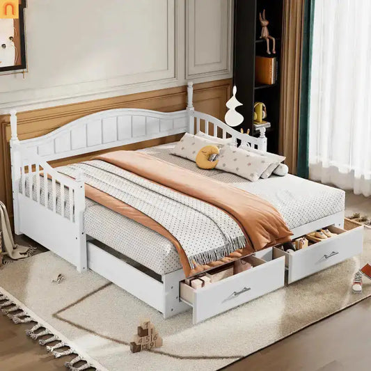 Twin Daybed Wood Frame White Storage Trundle Drawers