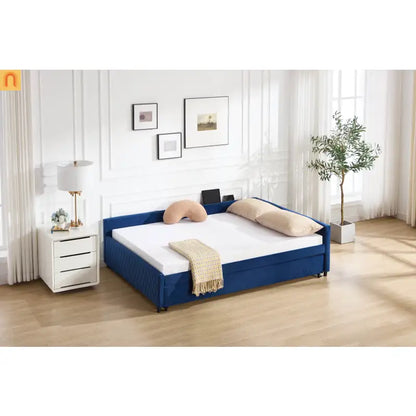 Bed Frame Daybed Velvet Navy Diamond Grid Pull-Out Trundle Full