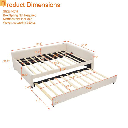 Bed Frame Daybed Velvet Beige Diamond Grid Pull-Out Trundle Full