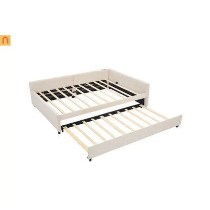 Bed Frame Daybed Velvet Beige Diamond Grid Pull-Out Trundle Full