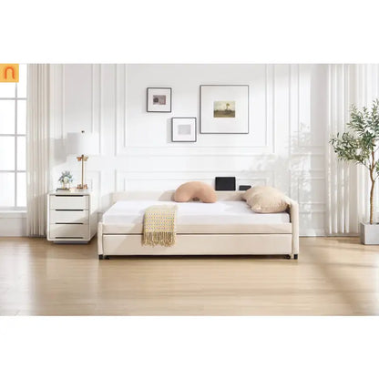 Bed Frame Daybed Velvet Beige Diamond Grid Pull-Out Trundle Full