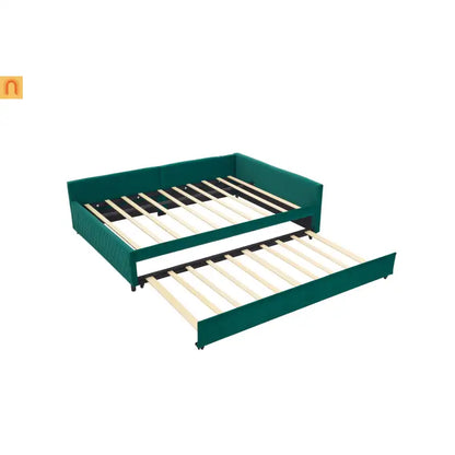 Bed Frame Daybed Velvet Emerald Diamond Grid Pull-Out Trundle Full